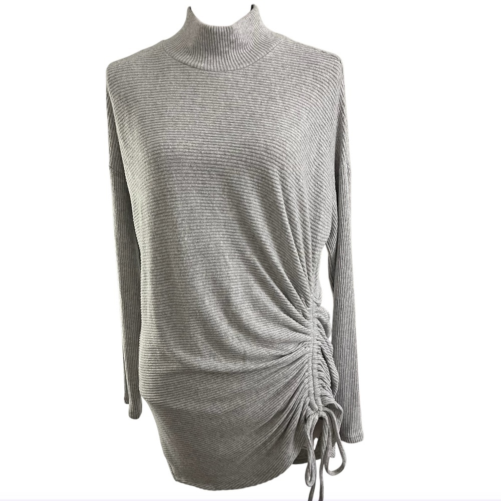 Express Ruched Side Mock Neck Lightweight Knit Tunic Or Mini Dress Light Gray S